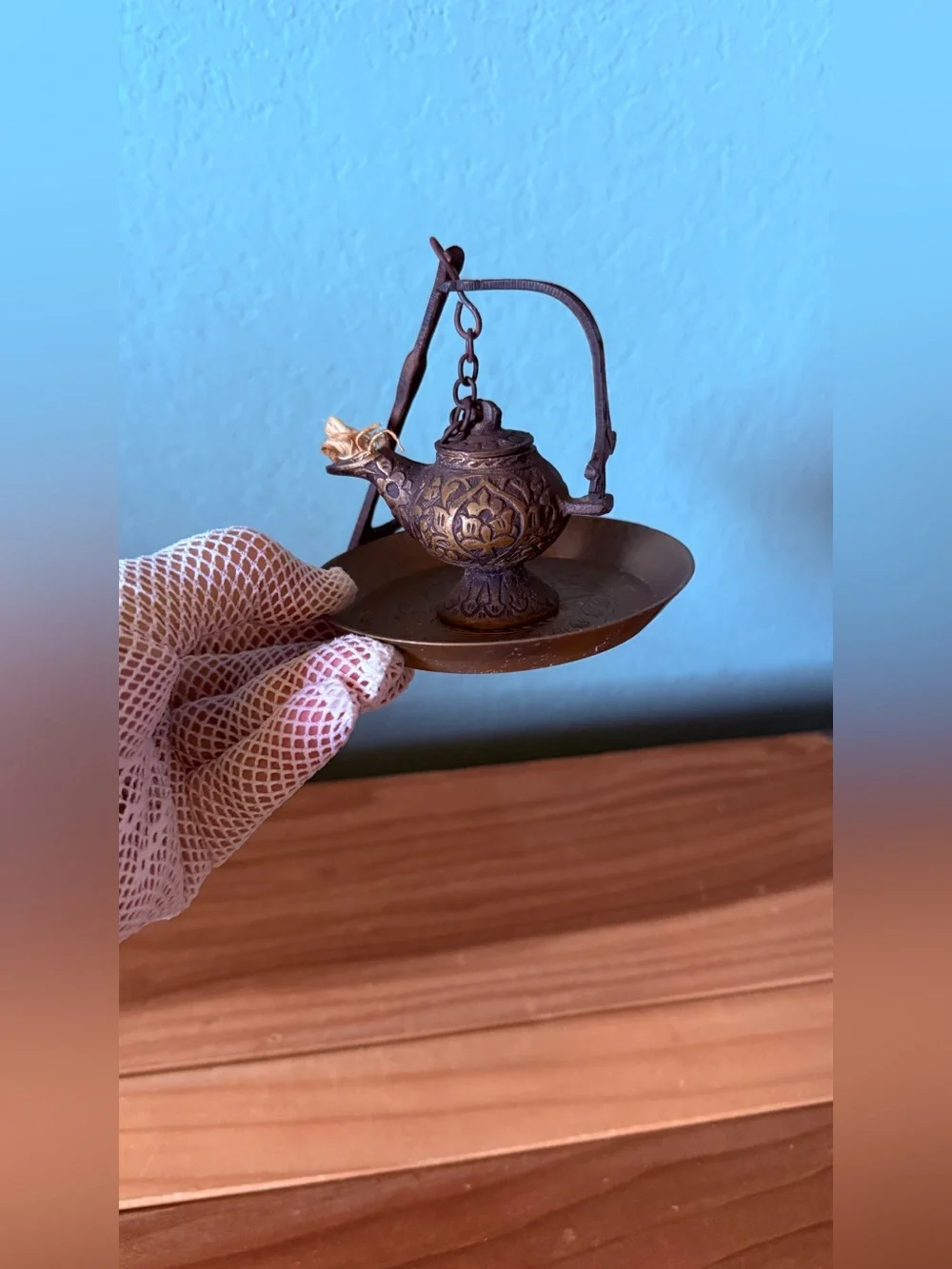 Vintage Miniature Brass Hanging Oil Lamp w/ Iron Hanger & Tray Diya Style 3.5”